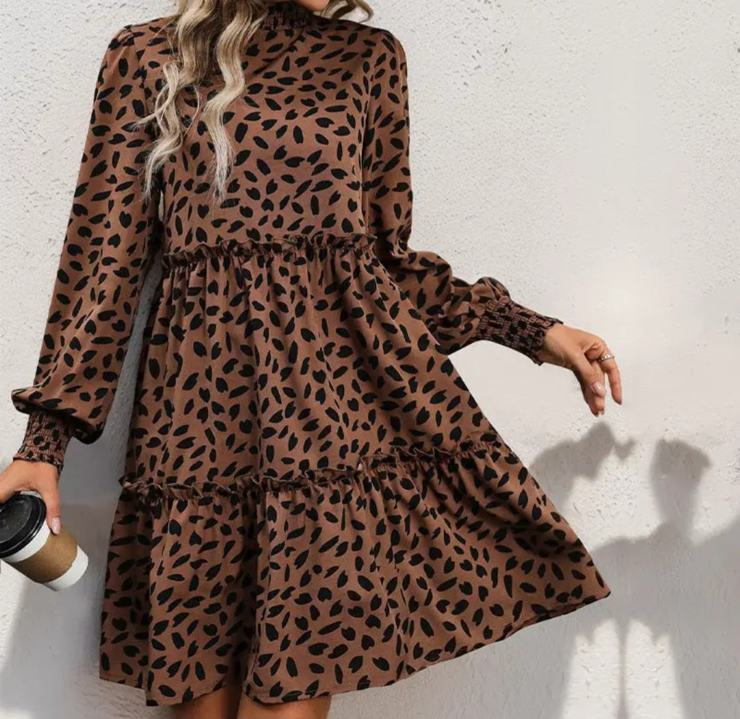 Leopard Print Long- Sleeved Dress