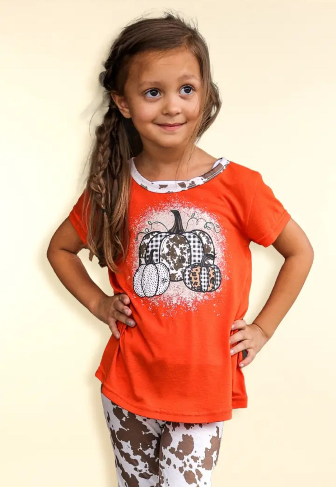 Girls' Triple Pumpkin Leopard, Cow Orange Ringer Tee (Mommy & Me)