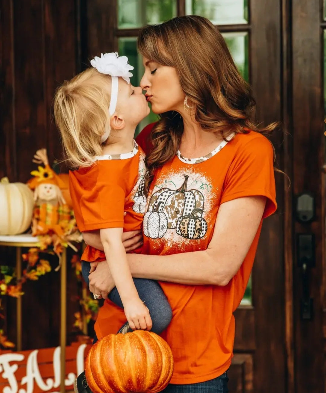 Women's Triple Pumpkin Leopard, Cow Orange Ringer Tee (Mommy & Me)