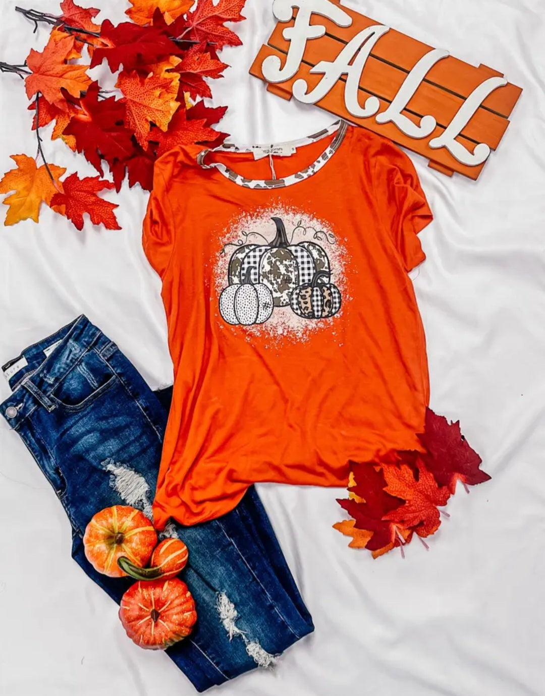 Women's Triple Pumpkin Leopard, Cow Orange Ringer Tee (Mommy & Me)