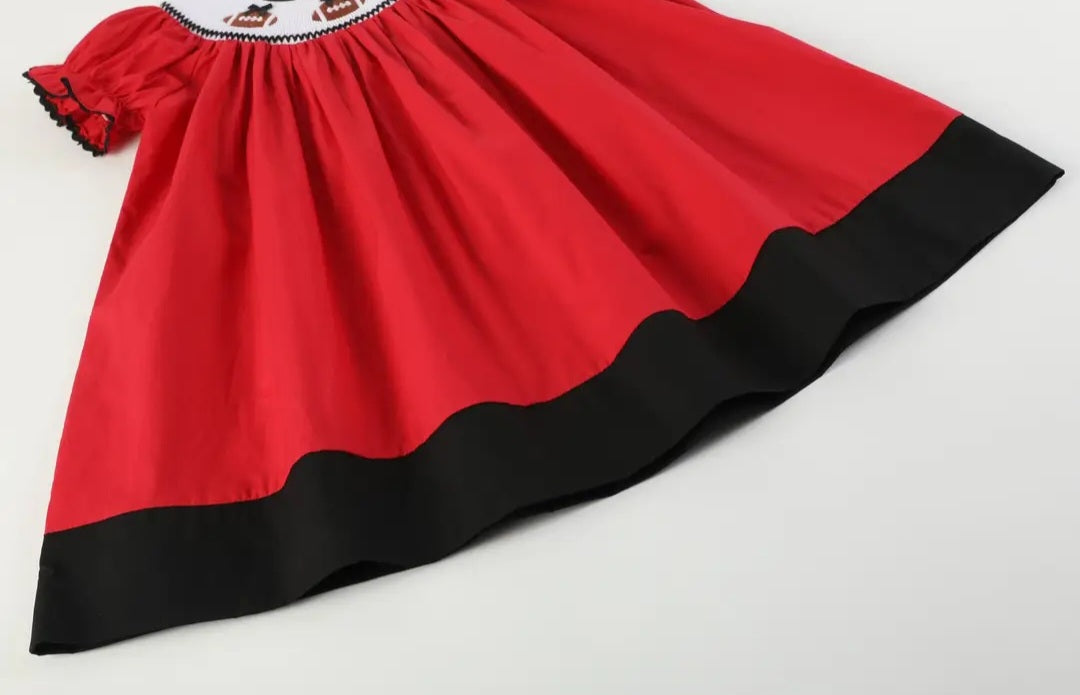 Red and Black Football Smocked Bishop Dress