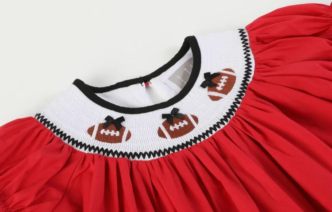 Red and Black Football Smocked Bishop Dress