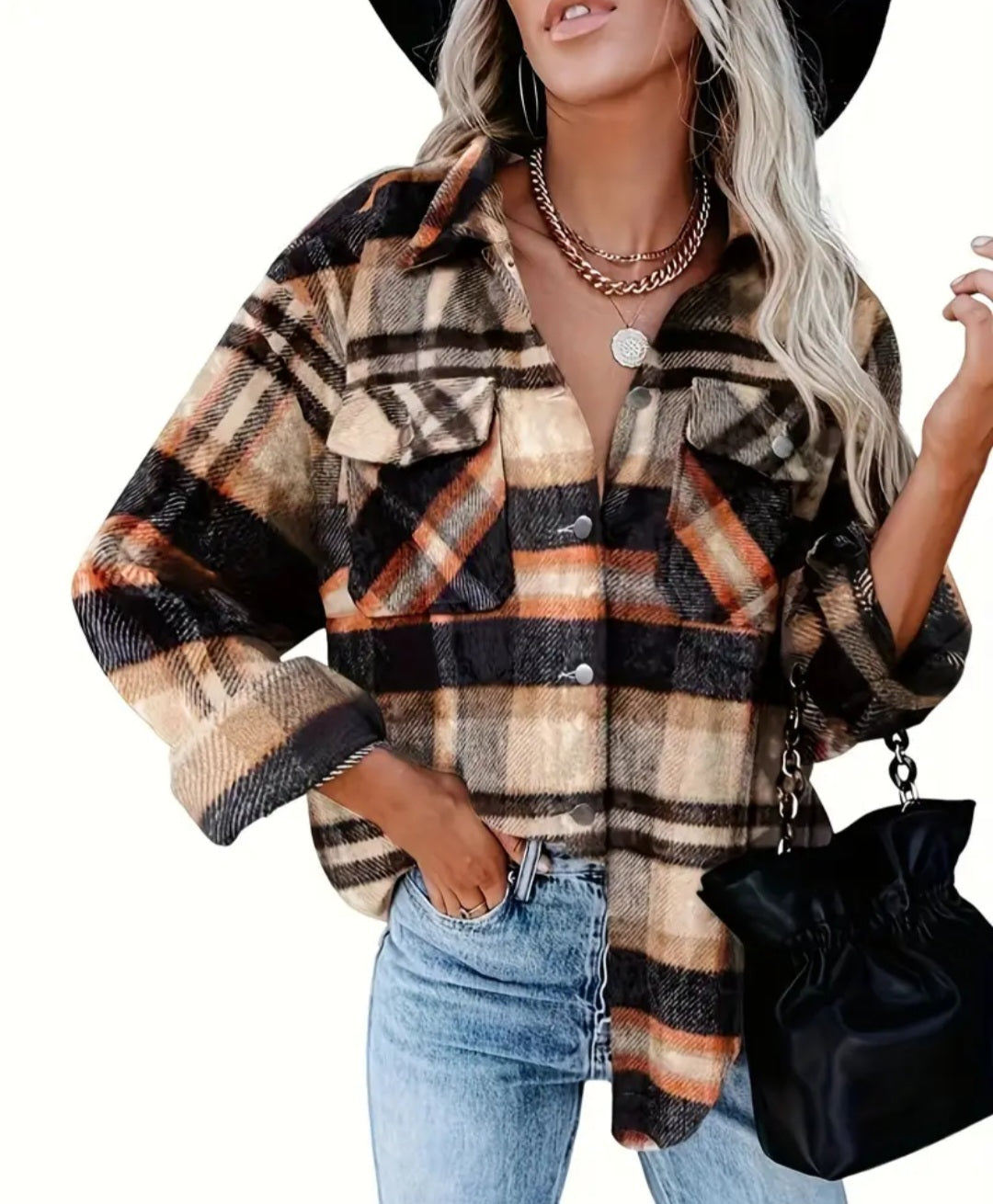 Women's Plaid Button Front Long Sleeve Shacket