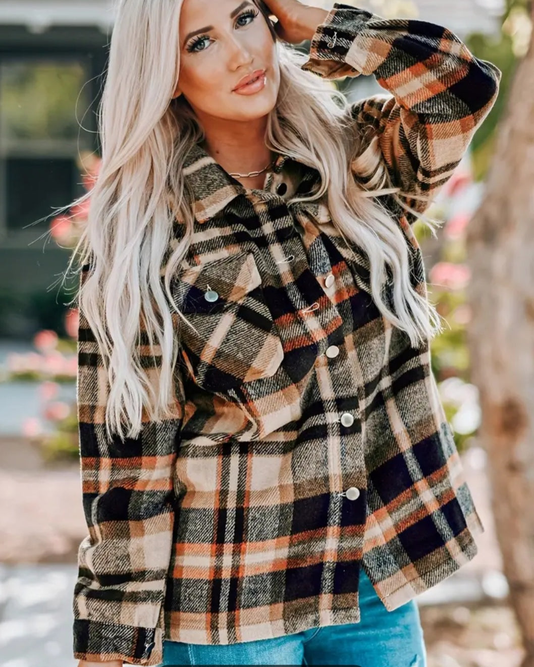 Women's Plaid Button Front Long Sleeve Shacket