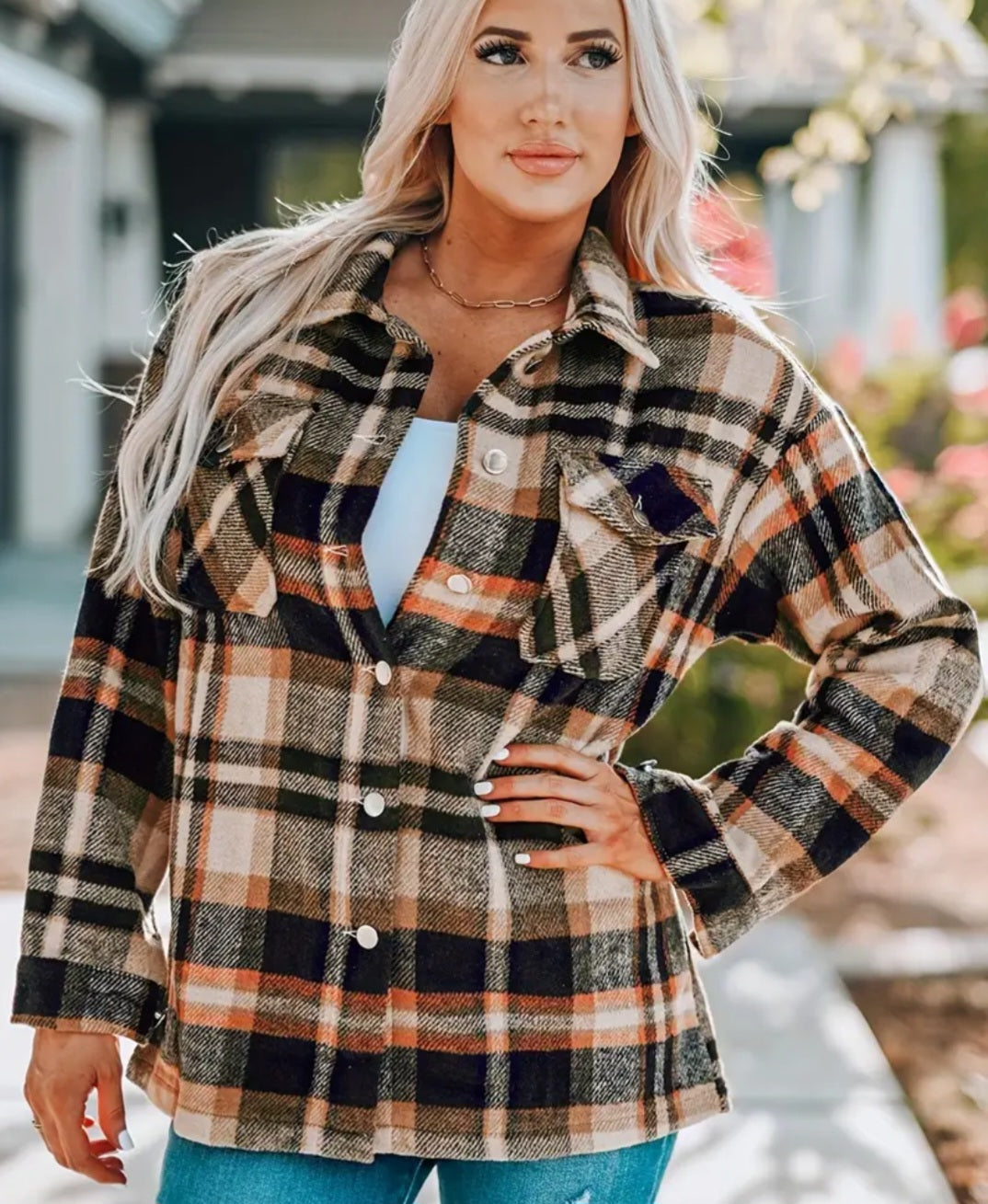 Women's Plaid Button Front Long Sleeve Shacket