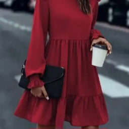 Stylish Long Sleeve Ruffle Hem Dress - Red