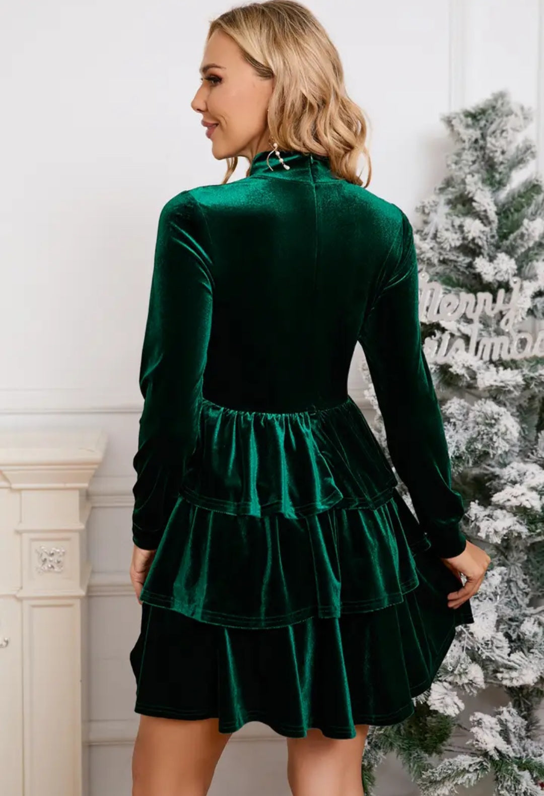 Velvet High Neck Tiered Ruffle Mini Holiday Dress