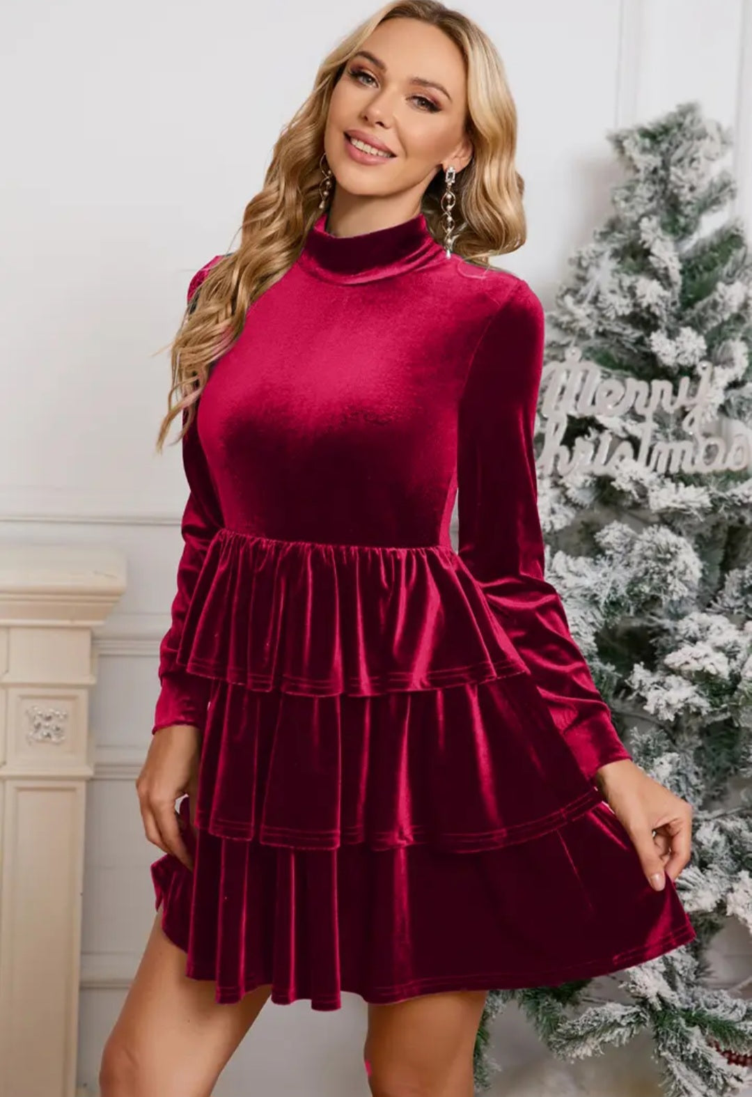 Velvet High Neck Tiered Ruffle Mini Holiday Dress