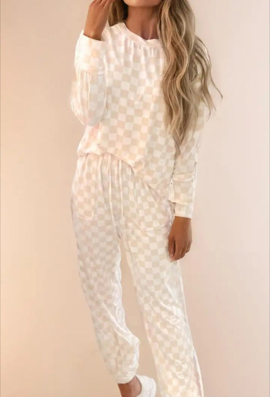 Checkered Print Long Sleeve Top and Bottom Lounge Set