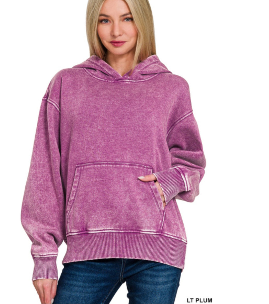 Zenana Fleece Acid Wash Kangaroo Pocket Hoodie