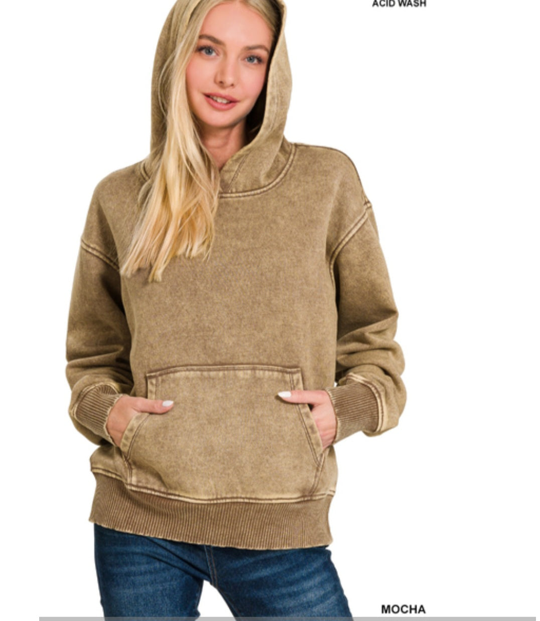 Zenana Fleece Acid Wash Kangaroo Pocket Hoodie