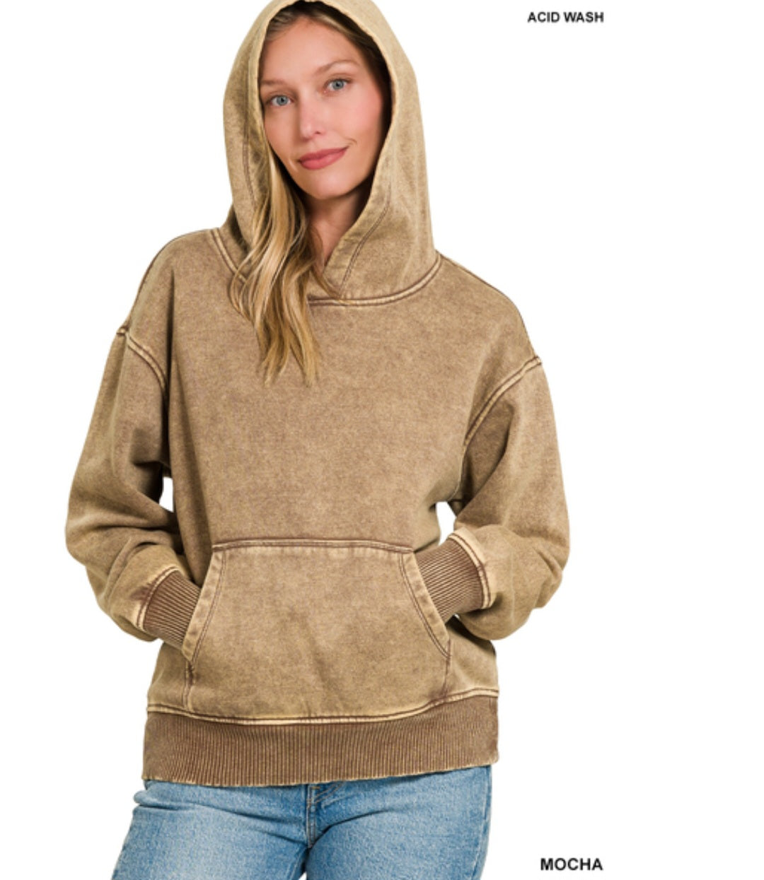 Zenana Fleece Acid Wash Kangaroo Pocket Hoodie