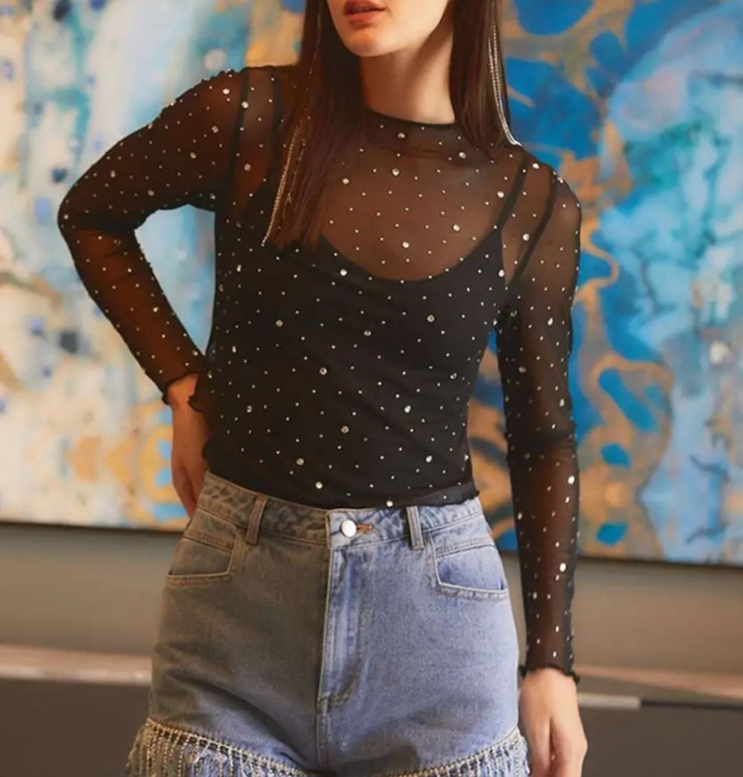 Rhinestone Sheer Mesh Slim Fit Long Sleeve Top