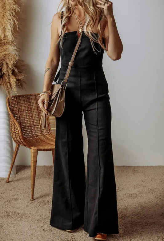 Seamed Zipper Spaghetti Strap High Waist Flared Jumpsuit