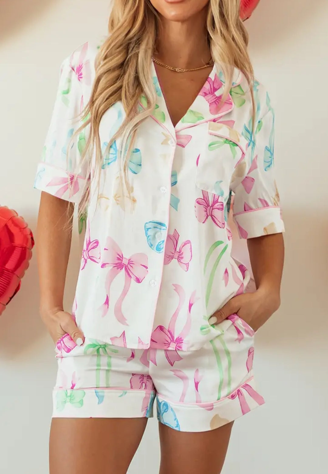 Bow Shirt and Shorts Pajama Set