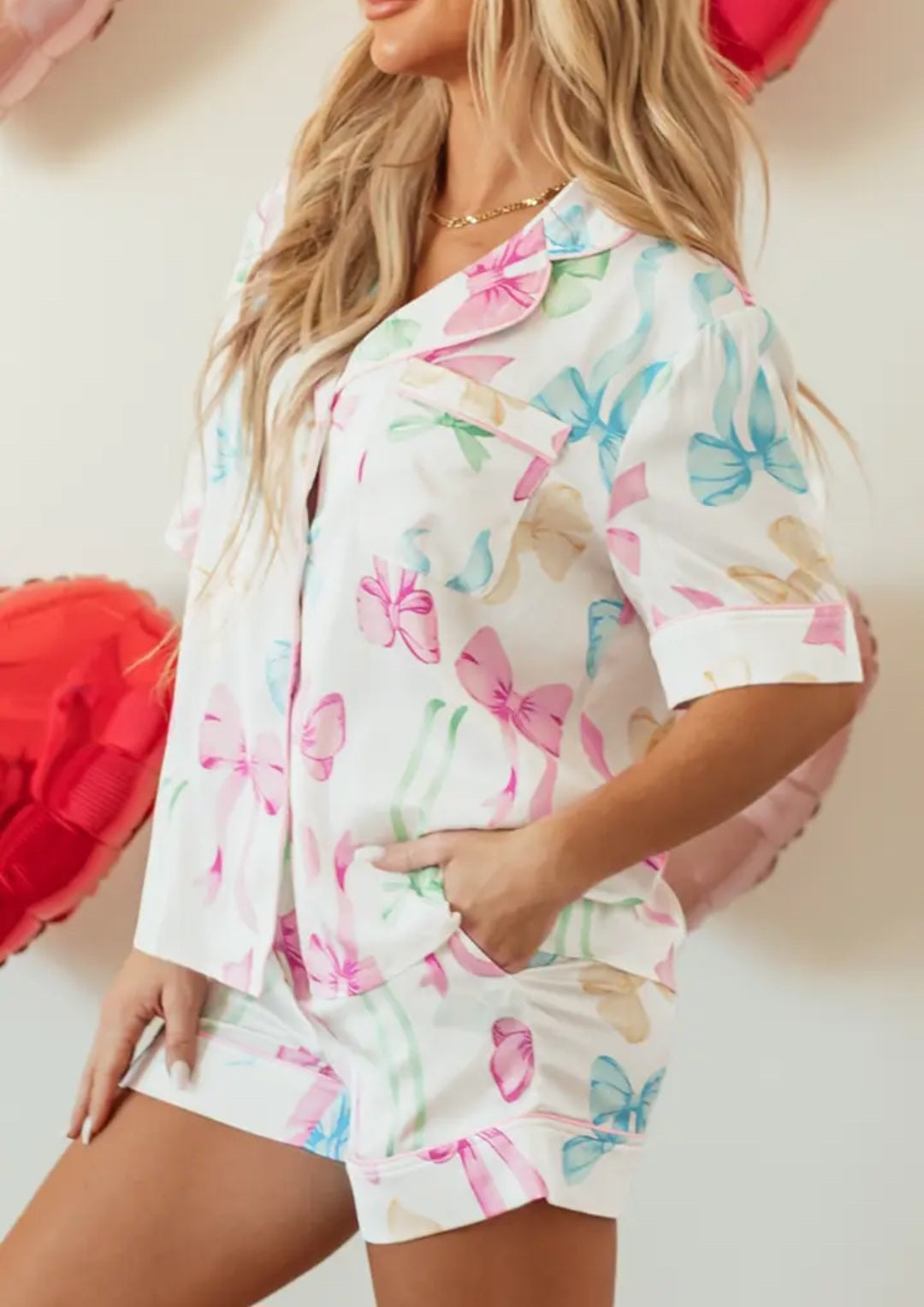 Bow Shirt and Shorts Pajama Set