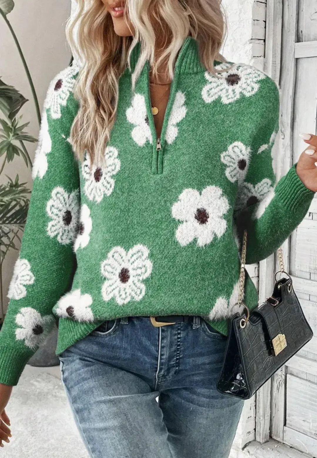 Flower Half Zip Long Sleeve Sweater