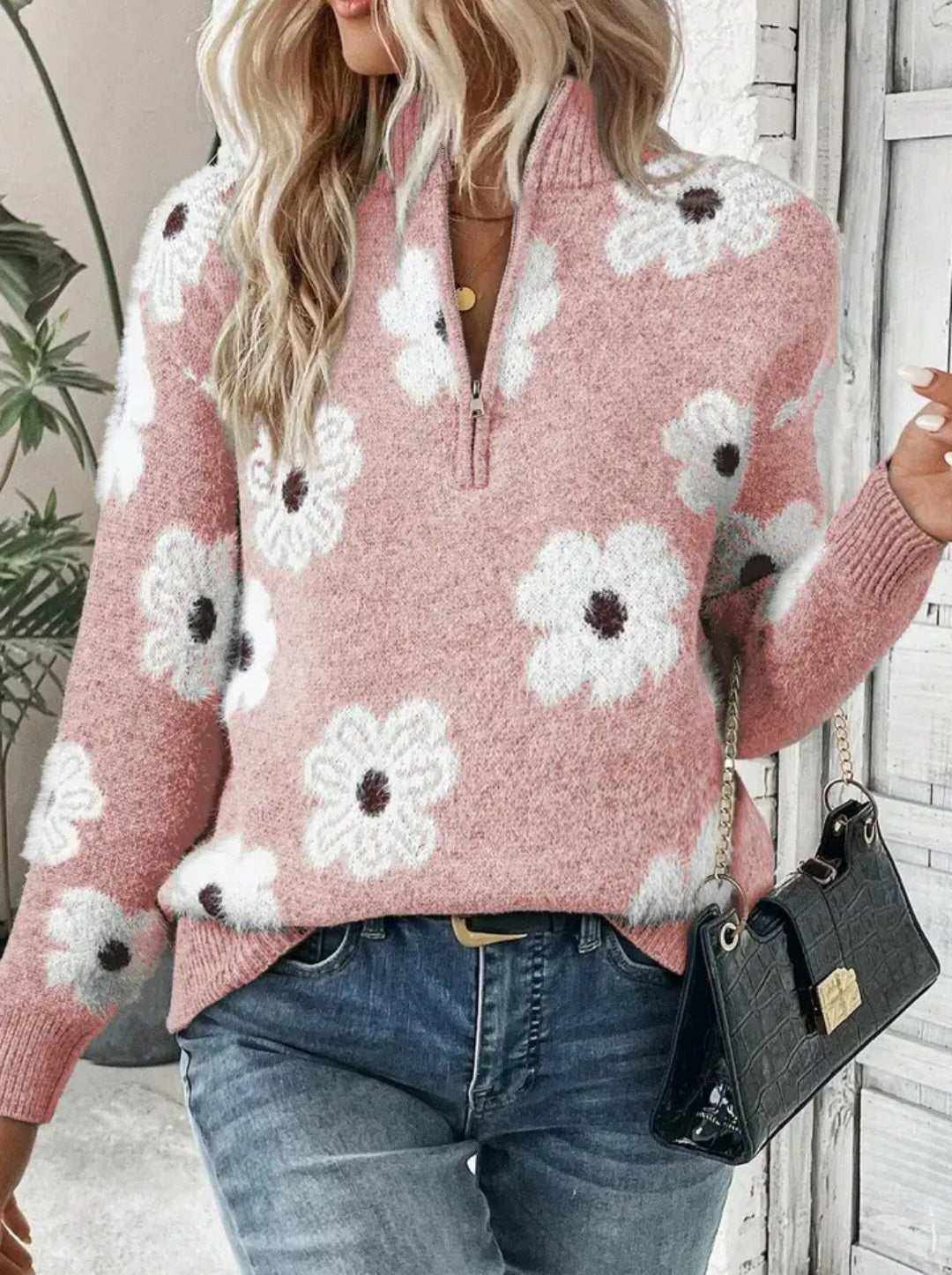 Flower Half Zip Long Sleeve Sweater