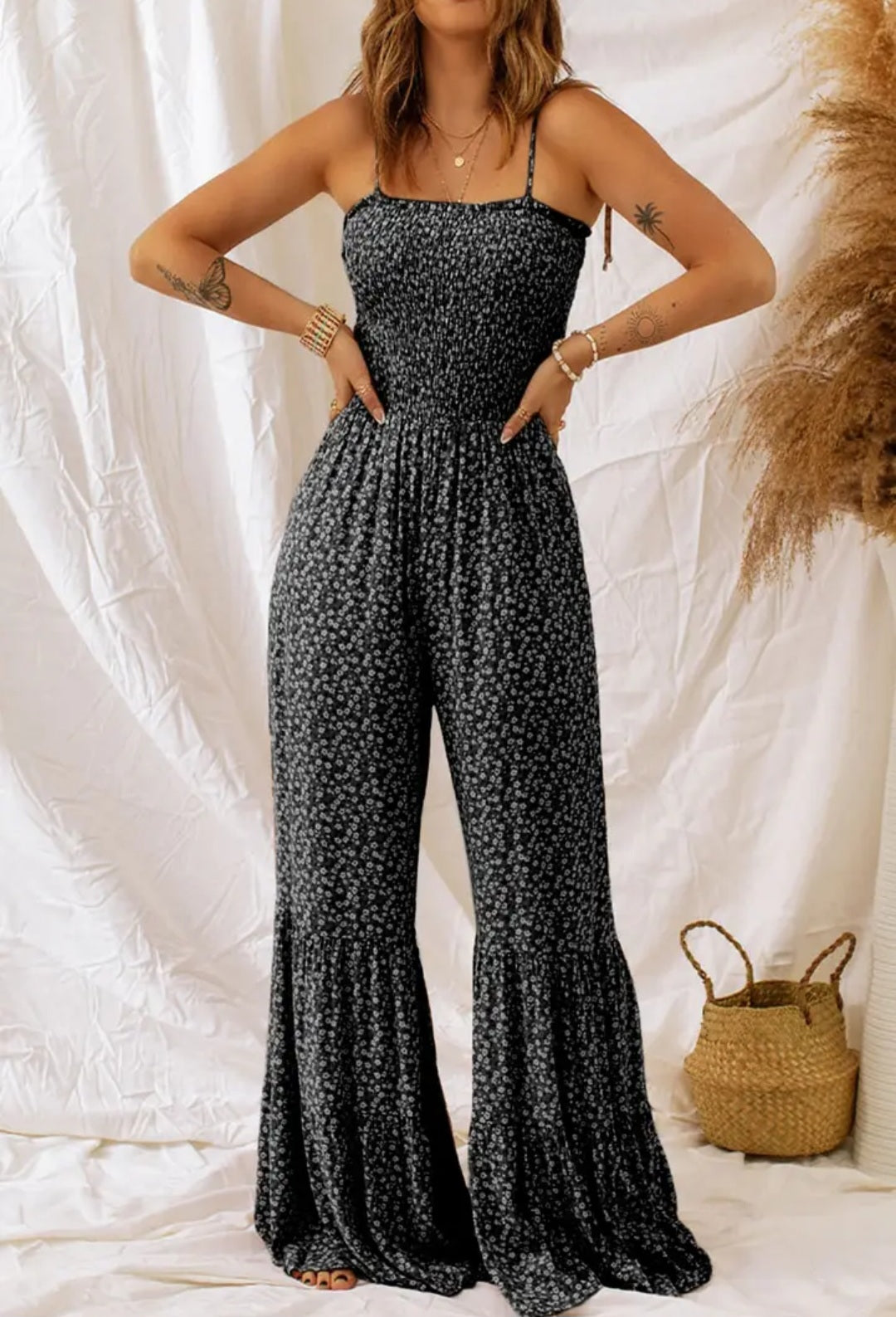 Straps Smocked Bodice Wide Leg Floral Jumpsuit