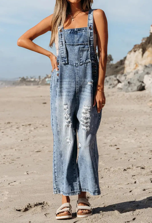 Distressed Bib Pocket Wide Leg Denim Overall