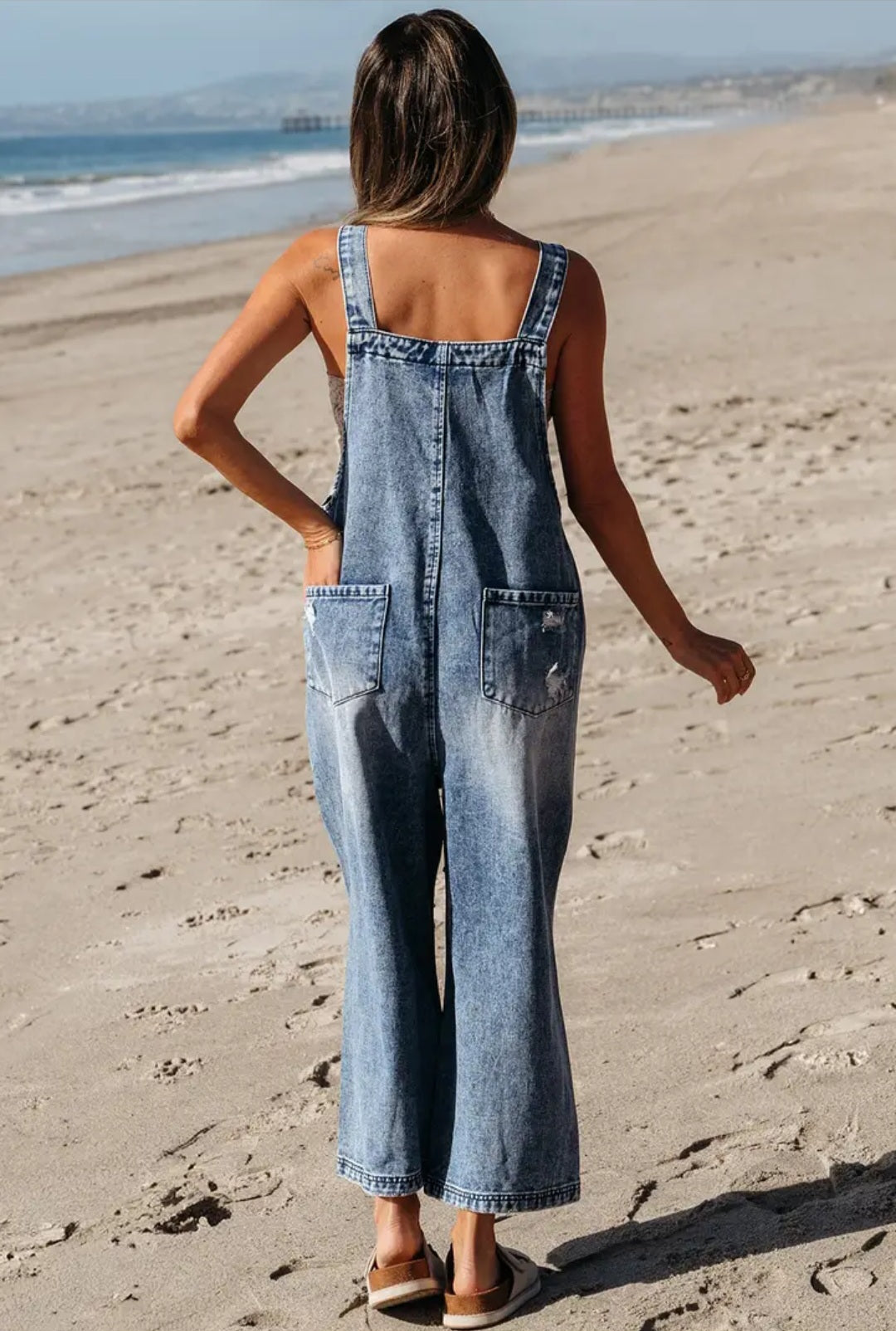 Distressed Bib Pocket Wide Leg Denim Overall