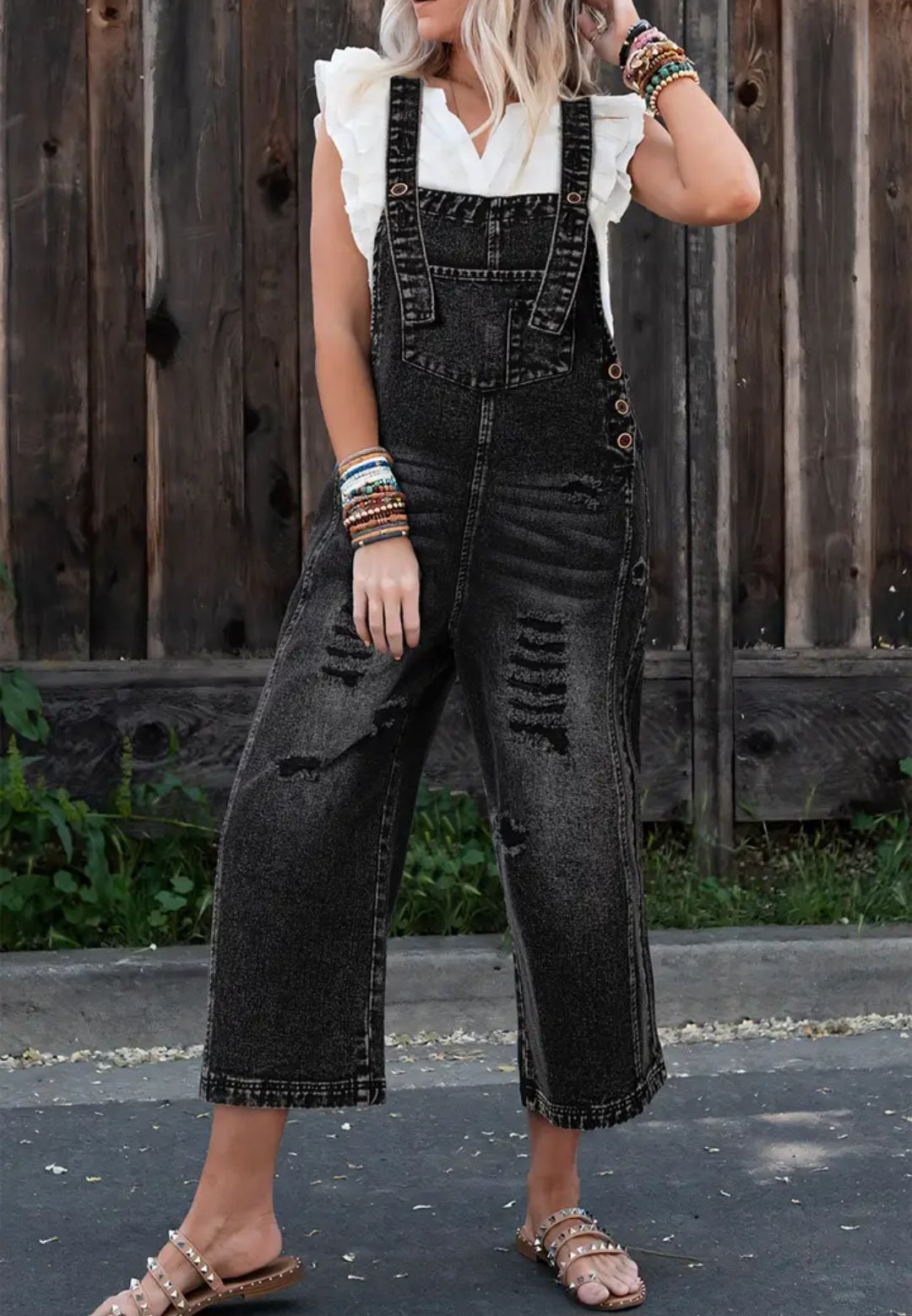 Distressed Bib Pocket Wide Leg Denim Overall