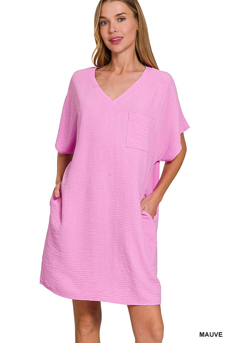 Woven Airflow V Neck T Shirt Dress With Pockets Zenana