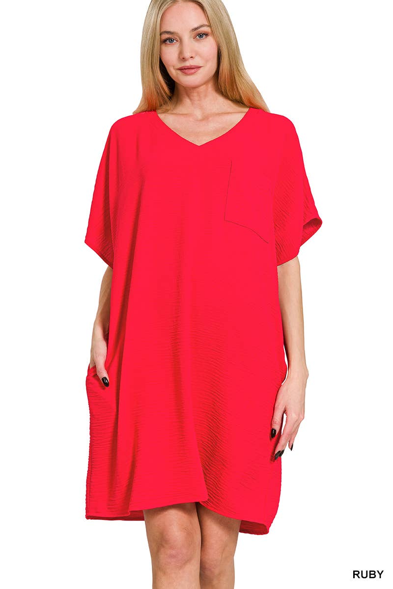 Woven Airflow V Neck T Shirt Dress With Pockets Zenana