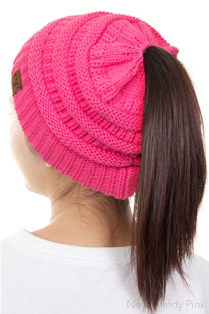 C.C Solid Color Ponytail Messy Bun Beanie