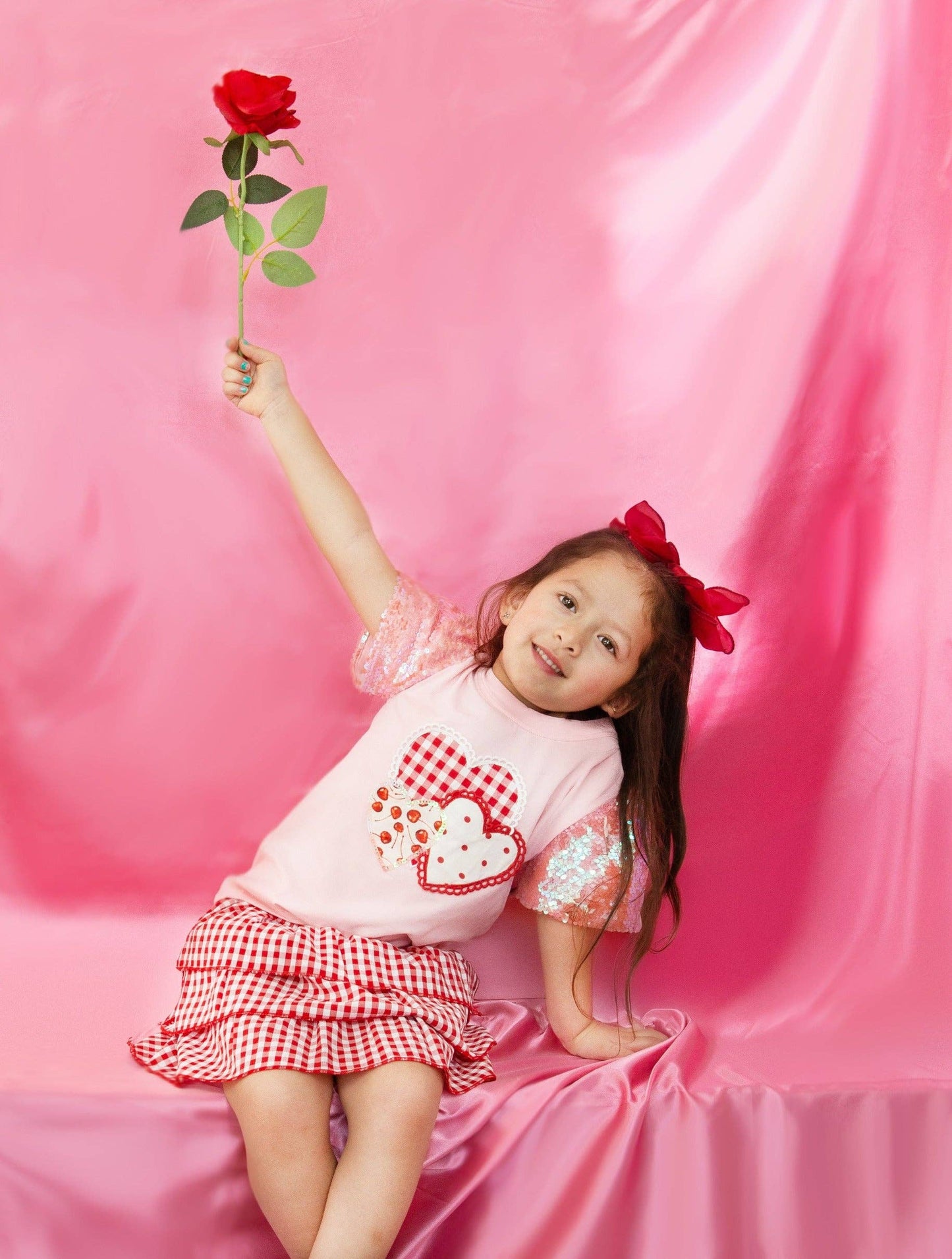 Girls' Heart Patches on Pink Princess Gingham Top