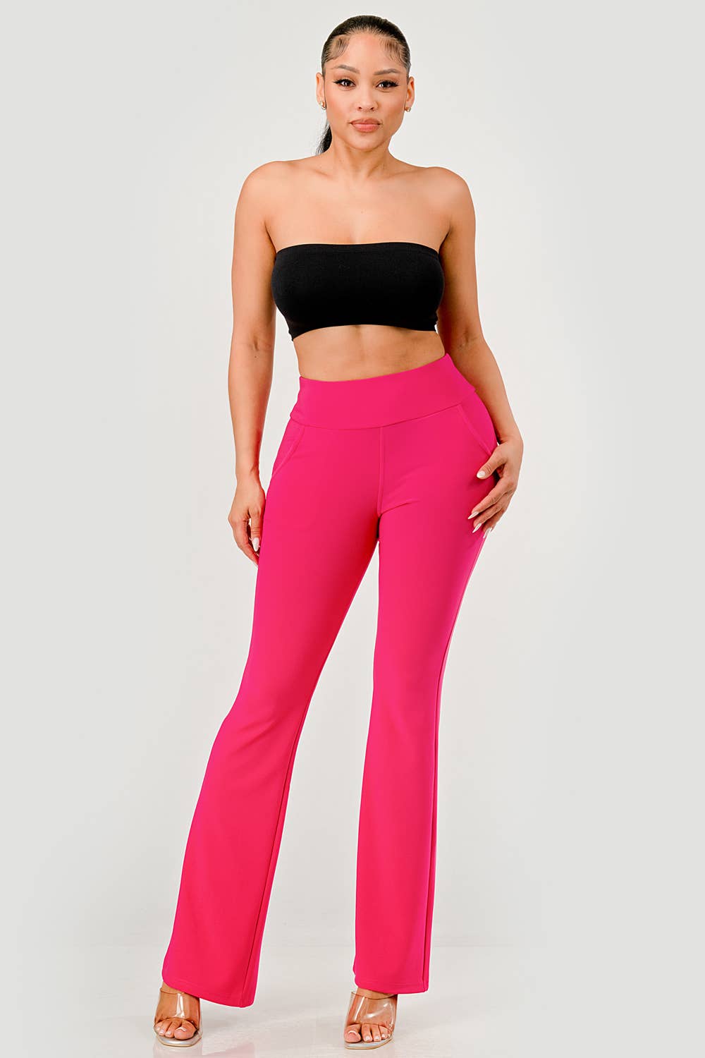 Womens Tummy Control Butt Sculpting Flare Pants With Pockets - Red