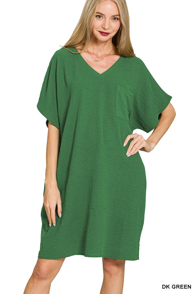 Woven Airflow V Neck T Shirt Dress With Pockets Zenana