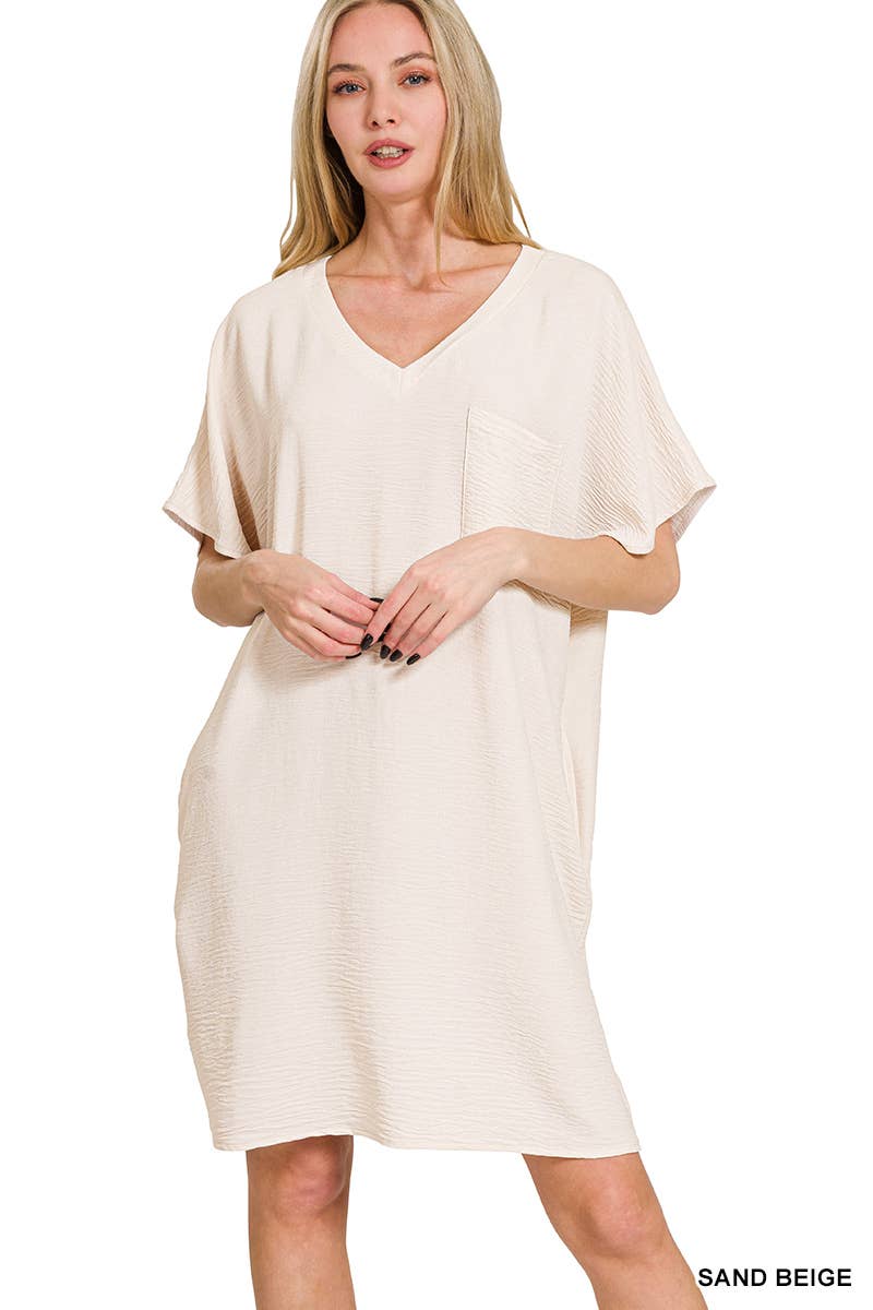 Woven Airflow V Neck T Shirt Dress With Pockets Zenana
