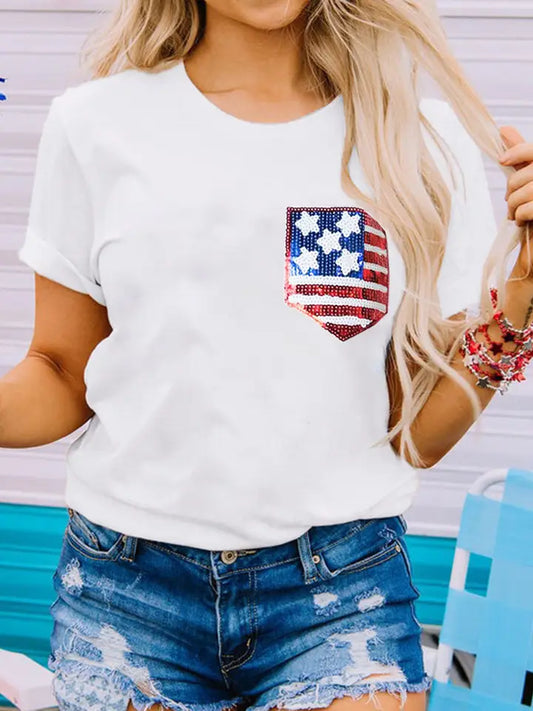 American Flag Sequin Pocket Patched T Shirt