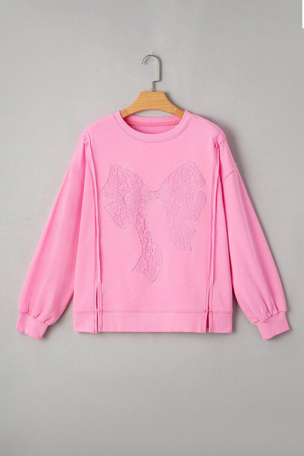 Bonbon Lace Insert Bow Embroidered Exposed Seam Sweatshirt