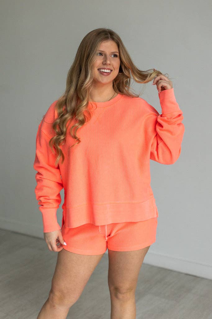 NEON CORAL CORDED CROPPED SIDE SLIT CREW