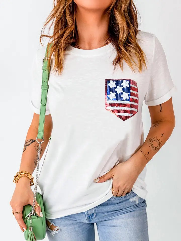 American Flag Sequin Pocket Patched T Shirt