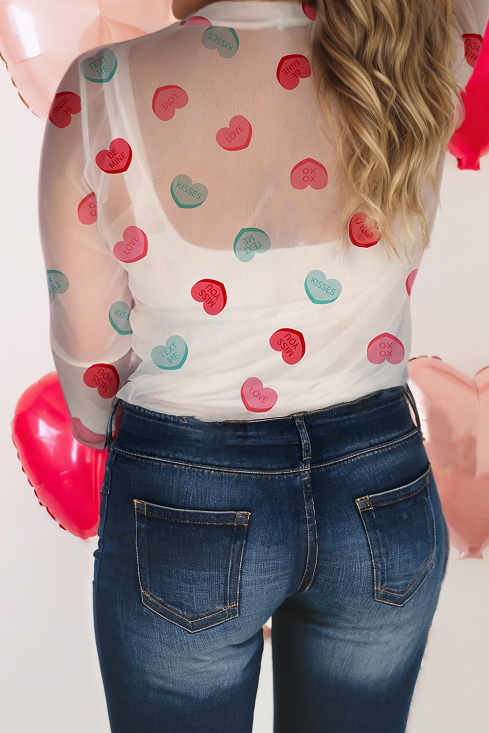 Heart-shaped Round Neck Valentine's Day Shift Mesh Blouse