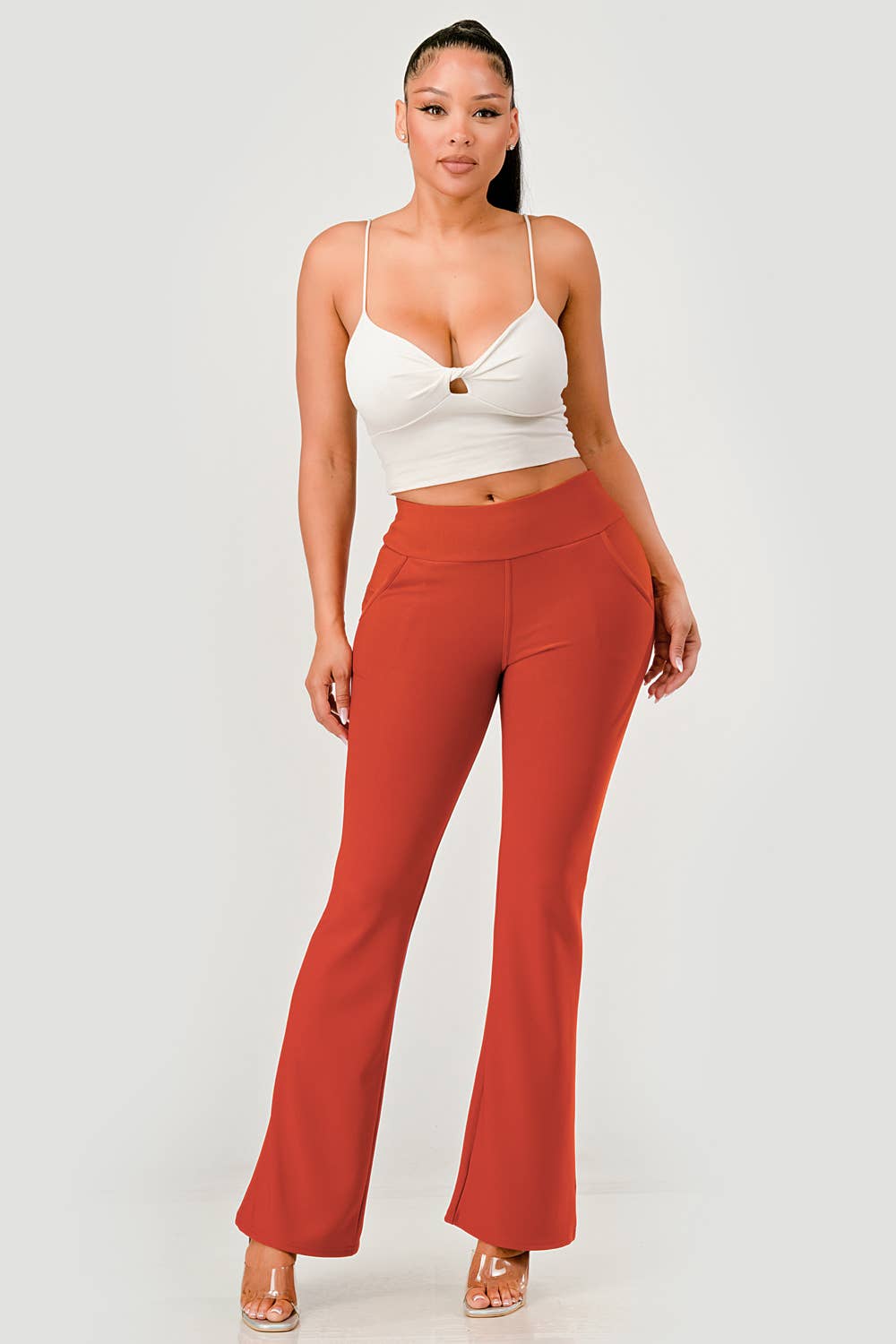 Womens Tummy Control Butt Sculpting Flare Pants With Pockets - Red