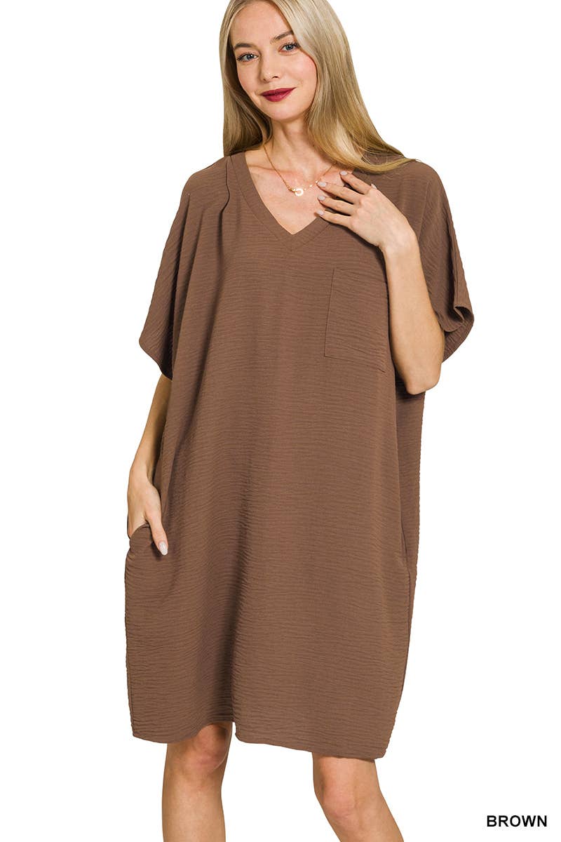 Woven Airflow V Neck T Shirt Dress With Pockets Zenana