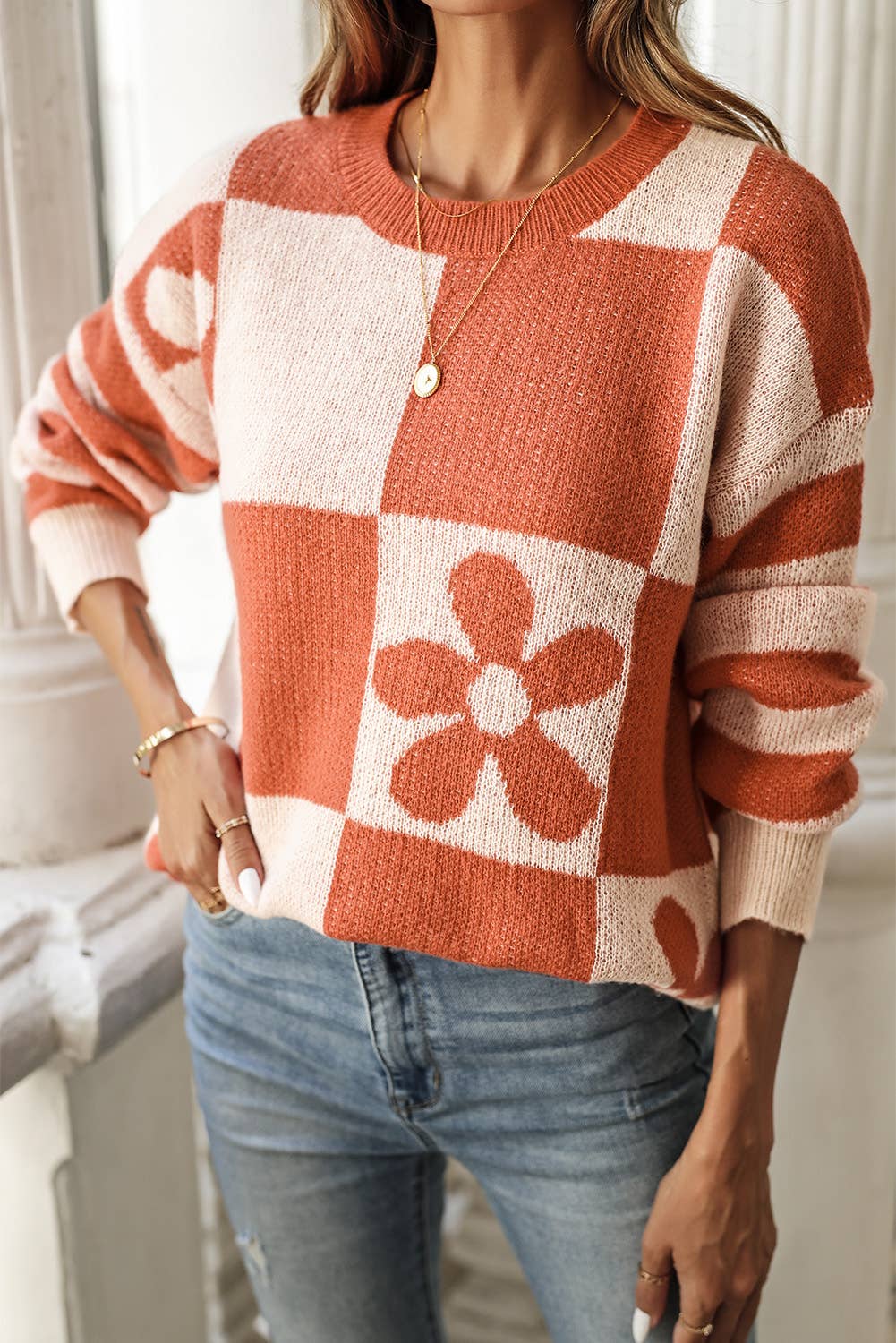 Checkered Floral Print Striped Sleeve Sweater/Multicolor