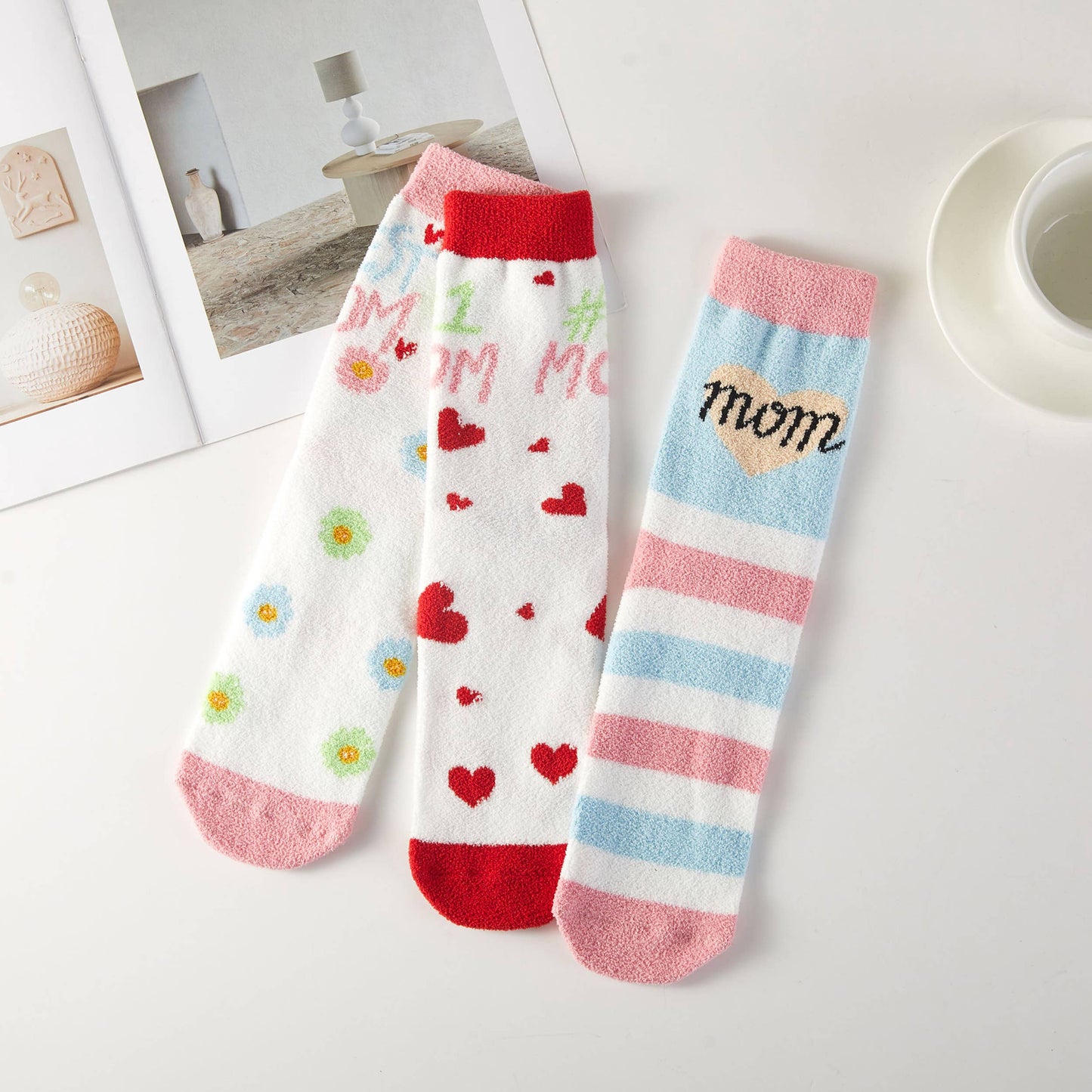 Love Mom Theme Cute Graphic Fuzzy Socks Gift Box (3 Pairs)