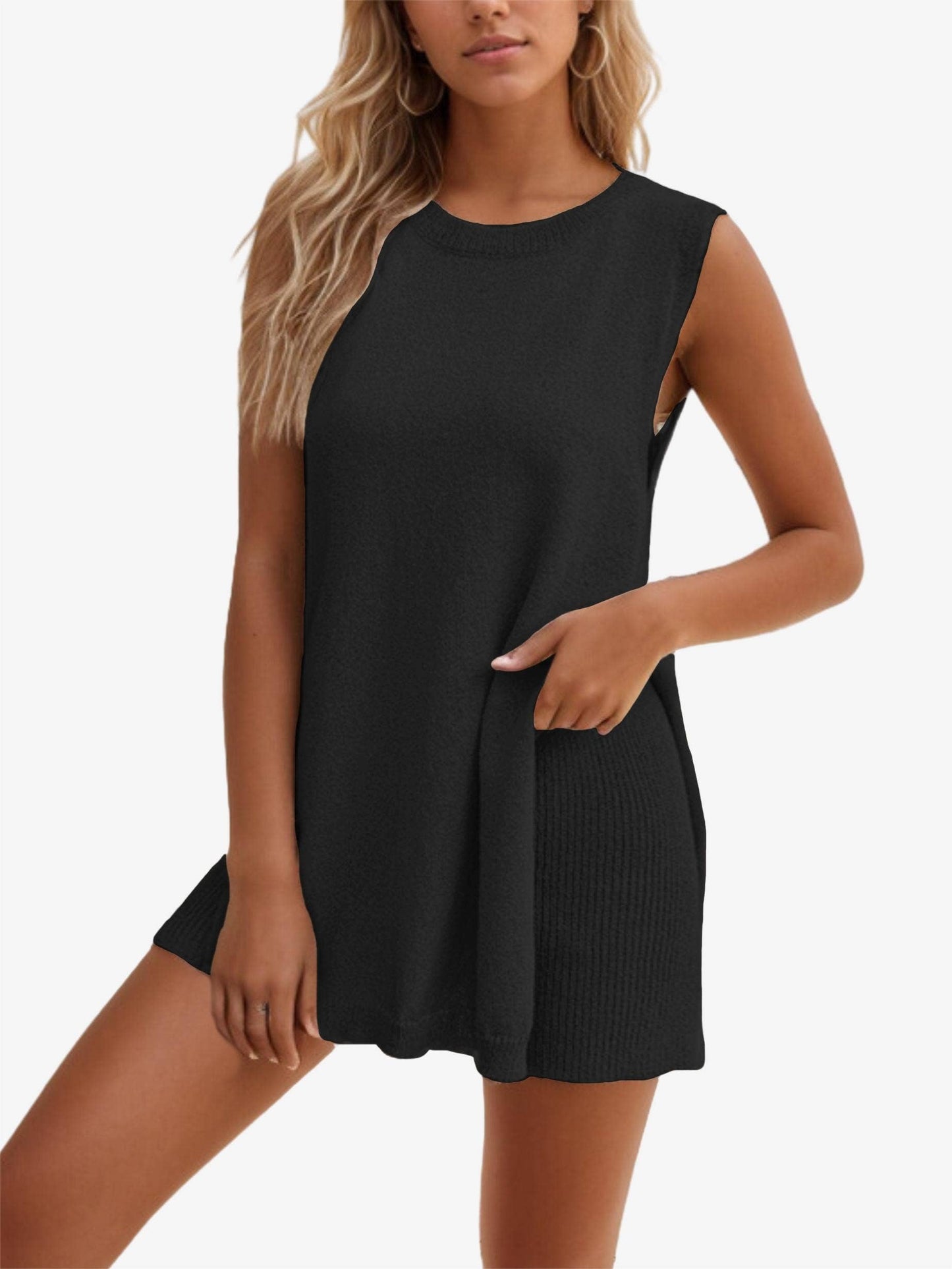 Leisure round neck sleeveless knitted dress set