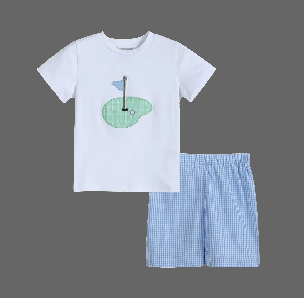 Blue Gingham Golf Hole Shirt and Short set