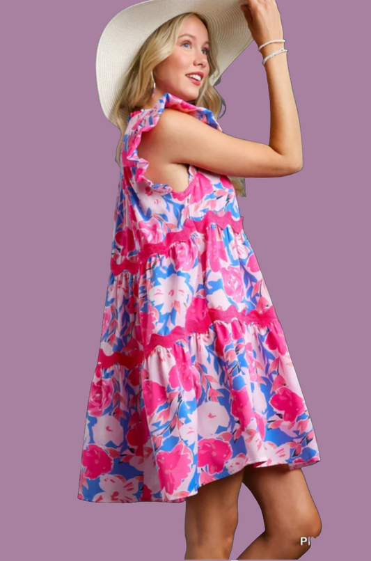 UMGEE V-Notched Floral Print Dress ,Wide Ric Rac Trim Details with Flutter Sleeve