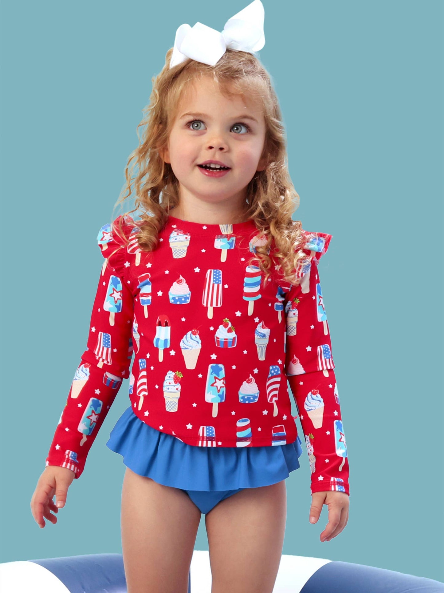 Girls Stars & Scoops Ice Cream Flutter Long Sleeve Rash Guard Skirted 2-Piece Swimsuit