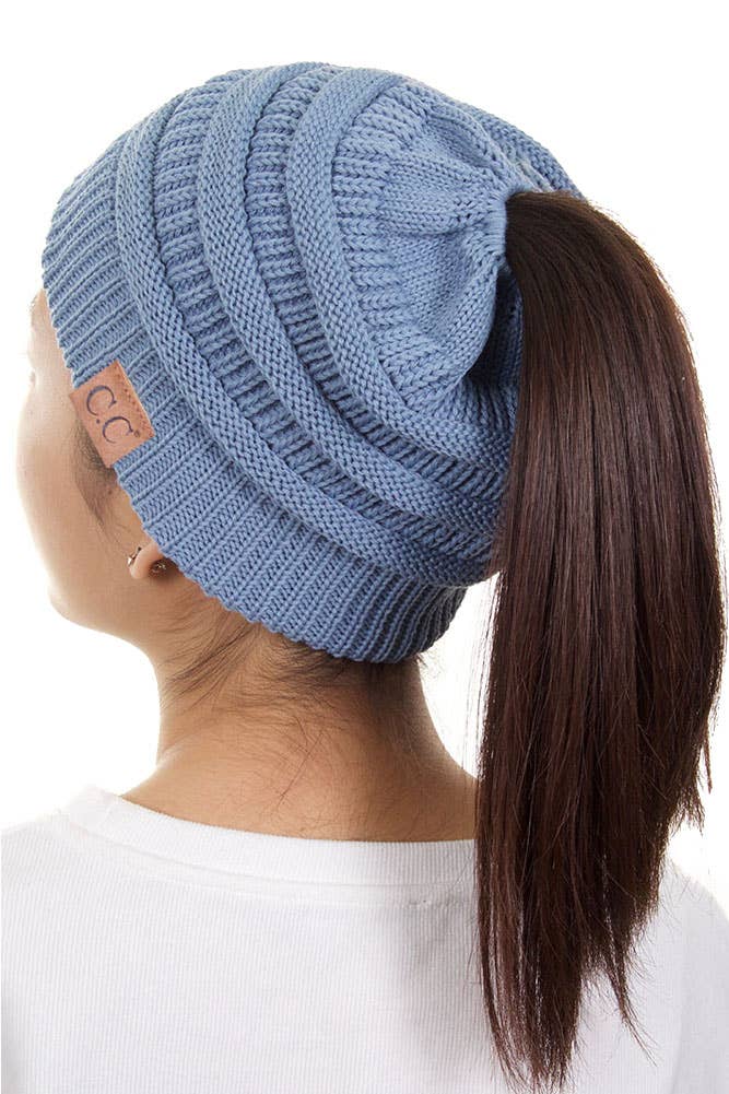 C.C Solid Color Ponytail Messy Bun Beanie