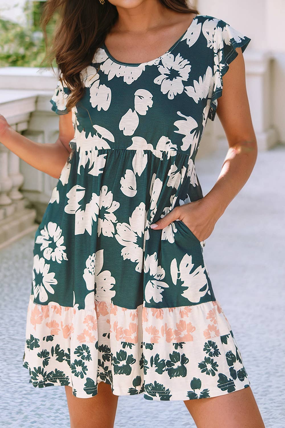 Floral Print Ruffle Sleeve Empire Waist Mini Dress