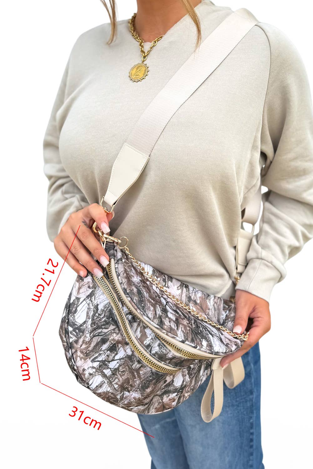 Camouflage Gold Chain Strap Double Zipper Crossbody Bag