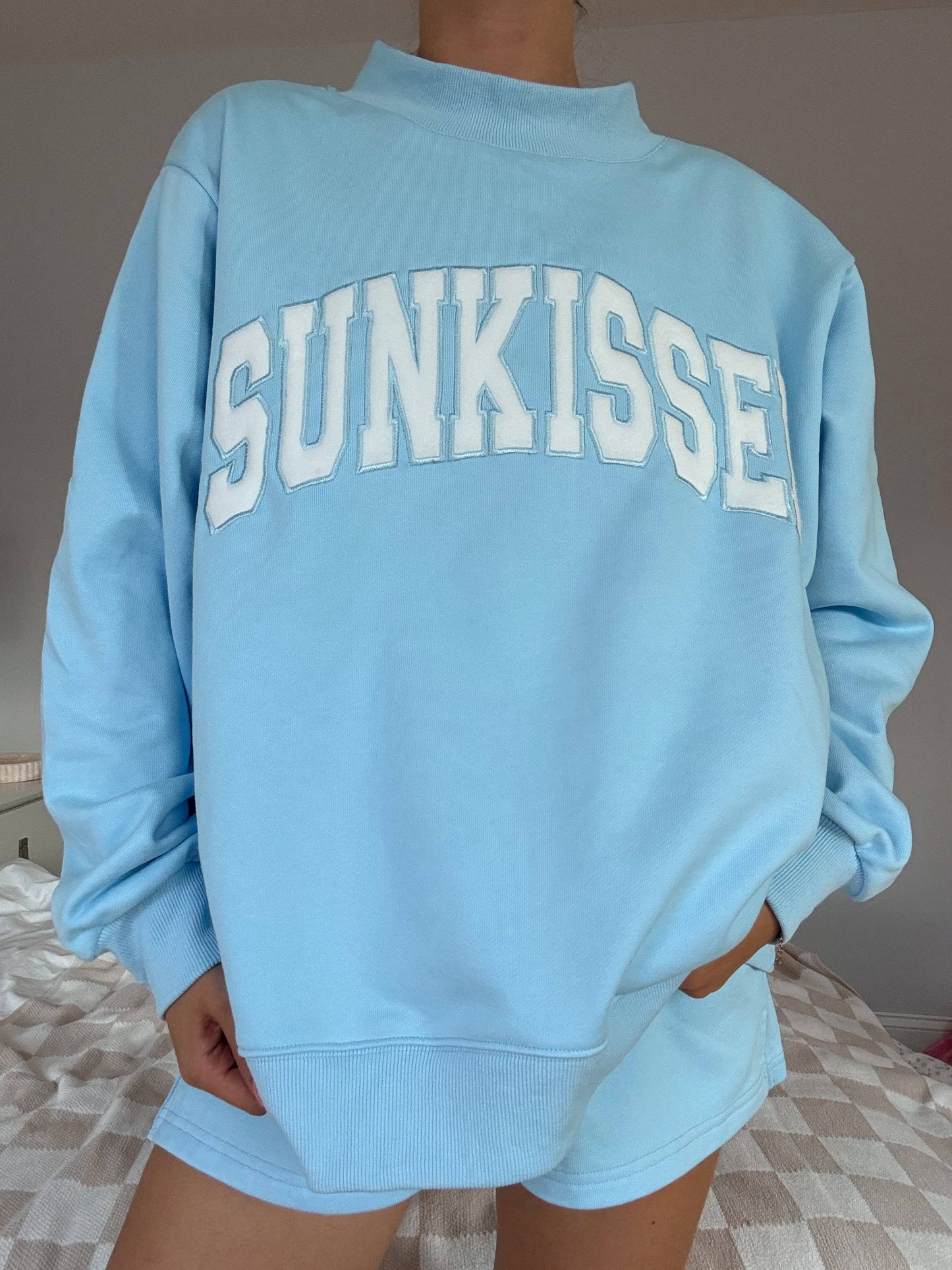 Sunkissed Coconut Berry Blue Varsity Sunkissed Embroidered Mockneck Sweatshirt 100% Cotton